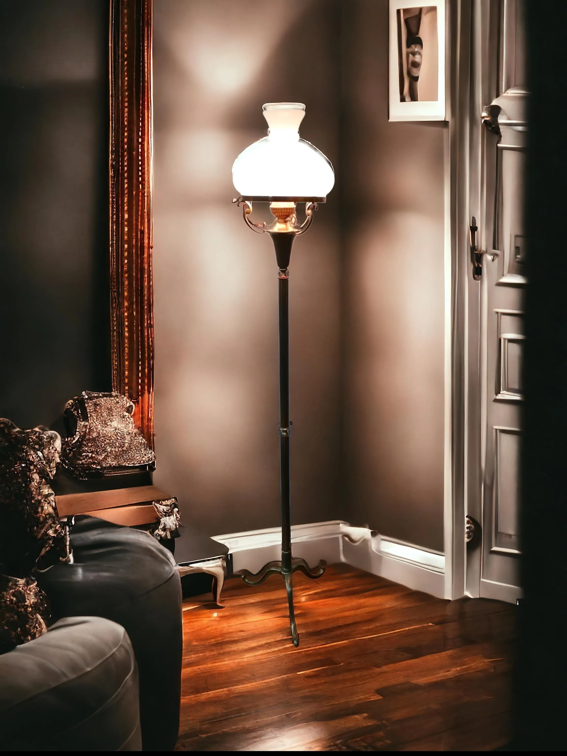 Cette lampe sur pied en laiton et verre opalin dégage une élégance classique et intemporelle, parfaite pour ajouter une touche vintage à n’importe quel espace. La structure en laiton est élancée et solide, avec des détails raffinés qui valorisent le design traditionnel, tandis que le diffuseur en verre opalin émet une lumière douce et chaude, créant une atmosphère enveloppante. Idéale pour un coin lecture ou pour éclairer discrètement un salon, cette lampe n’est pas seulement une source de lumière, mais un élément décoratif qui évoque le charme de l’ancien et le luxe des matériaux précieux.