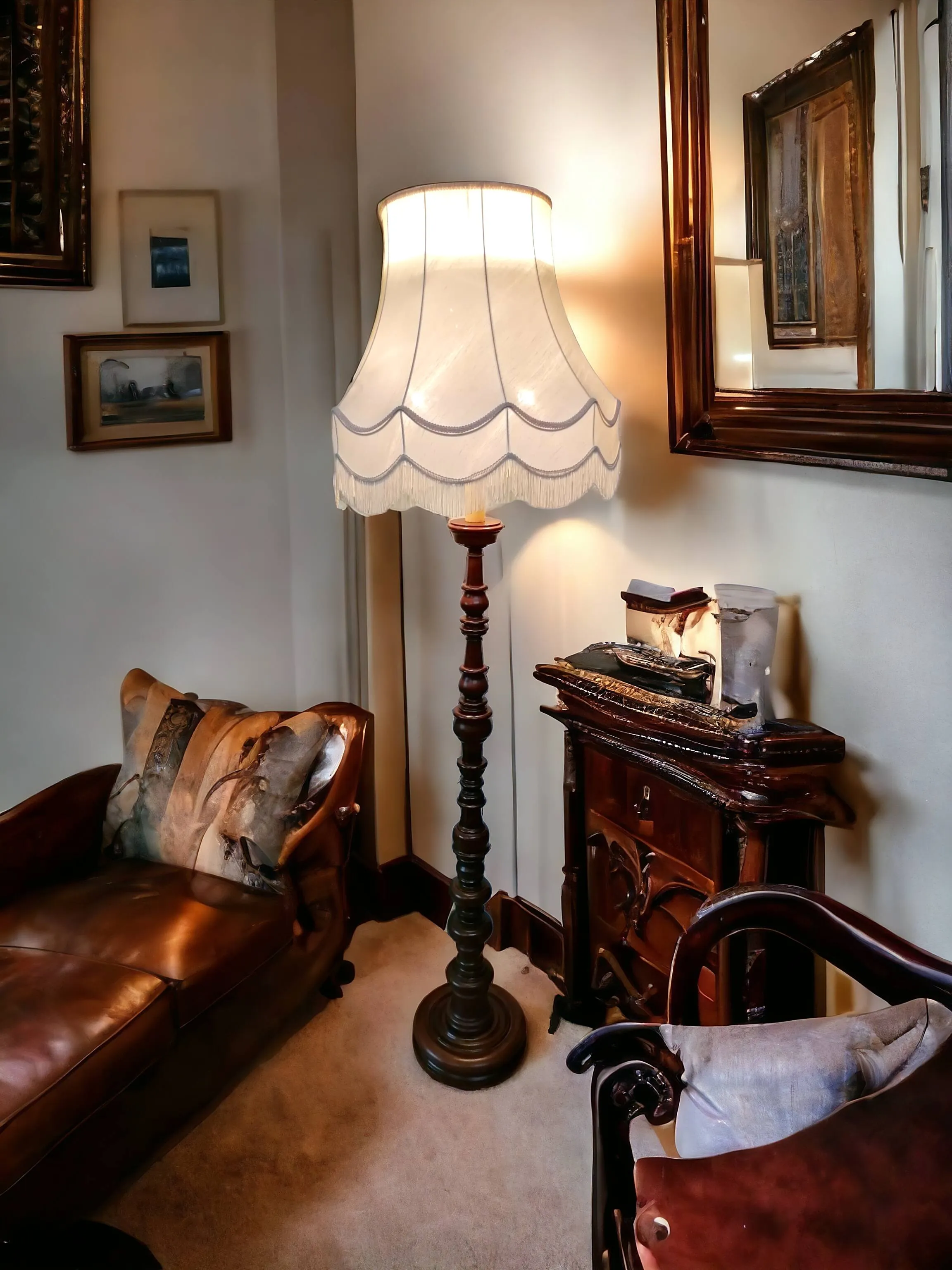 Cette lampe sur pied Art Déco, réalisée en bois de noyer tourné de haute qualité, est une déclaration de style et de raffinement. Les lignes sinueuses et les finitions brillantes mettent en valeur la beauté naturelle du bois, révélant des détails soignés et un travail artisanal impeccable, typique de l’époque Art Déco. La forme élégante et équilibrée s’inspire de la géométrie et de l’essence des années 1920 et 1930, conférant à cette lampe un charme intemporel. Idéale pour les espaces célébrant le design d’époque, cette lampe ajoute chaleur et style à chaque coin de la maison, illuminant l'atmosphère avec goût.