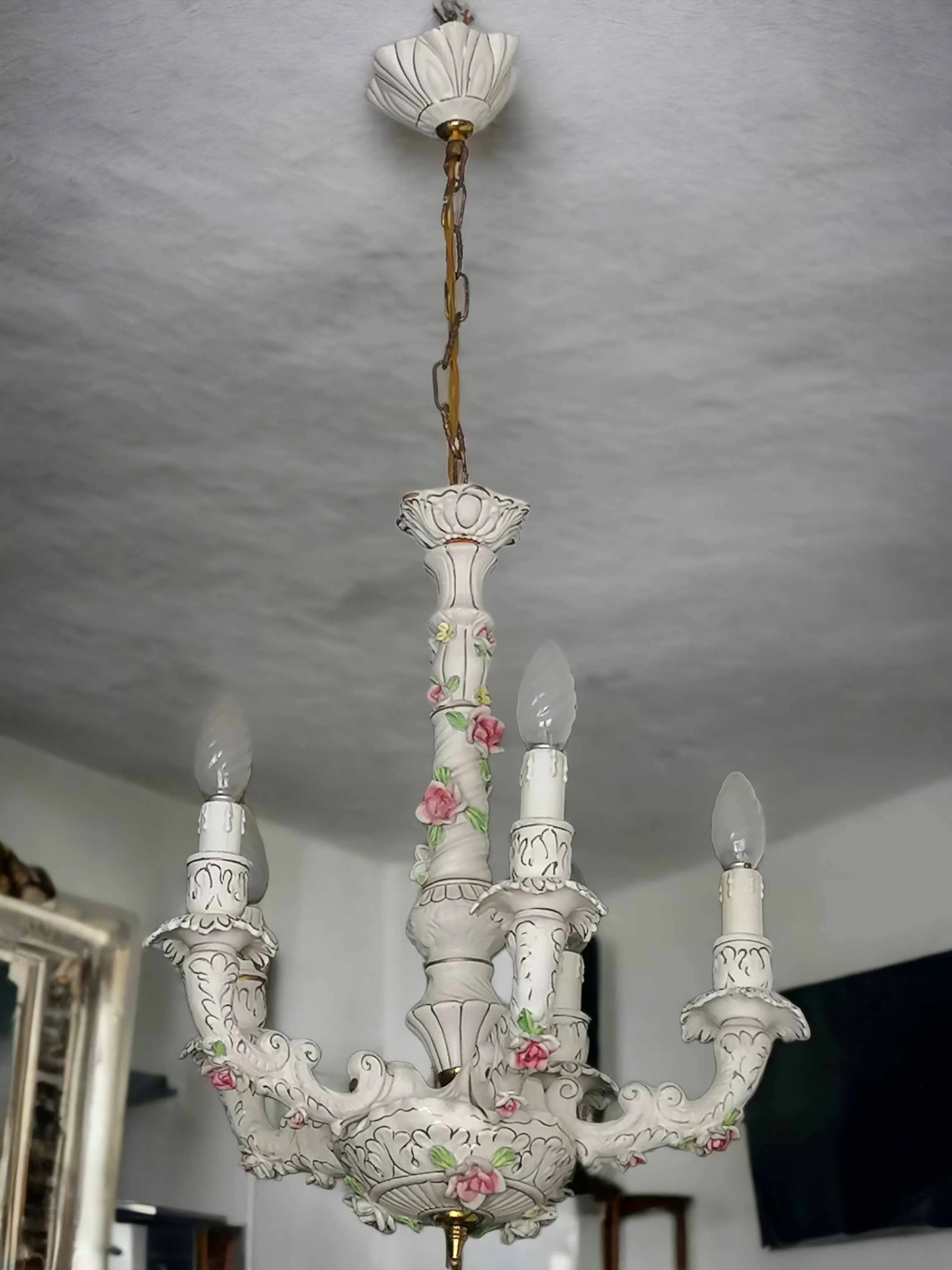 Apportez une touche d'élégance intemporelle dans votre espace avec ce magnifique lustre en céramique Capodimonte. Chaque détail est réalisé avec un artisanat de qualité, orné de décorations florales vibrantes et de couleurs délicates qui évoquent la beauté de la tradition italienne. Ses cinq lumières diffusent une lumière chaude et accueillante, idéale pour créer des atmosphères intimes et sophistiquées. Parfait pour les salons, salles à manger ou entrées, ce lustre n'est pas seulement un élément d'éclairage, mais une véritable œuvre d'art qui enrichit toute décoration. Choisissez le lustre en céramique Capodimonte pour une élégance durable et une touche de classe dans chaque coin de votre maison.