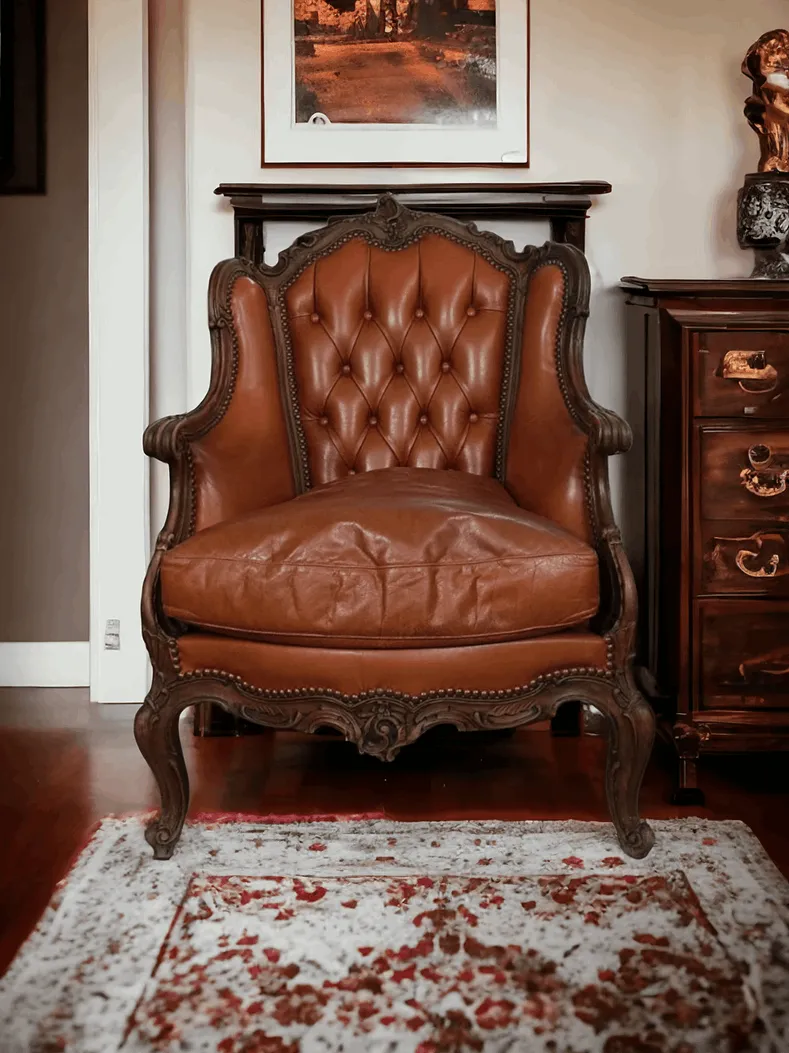 Ce fauteuil de style baroque des années 60 est un meuble de caractère, alliant la richesse du style baroque à la qualité artisanale des années 60. Réalisé avec une structure en bois finement travaillée et revêtu de cuir, ce fauteuil est parfait pour ceux qui recherchent un élément distinctif apportant élégance et une touche de théâtralité dans n'importe quel espace. Caractéristiques principales : Style baroque revisité : Avec des lignes sinueuses et des détails élaborés, ce fauteuil capte l'essence du style baroque, tout en conservant une touche moderne typique des années 60. Les détails sculptés, comme les accoudoirs incurvés et les pieds finement sculptés, ajoutent un sens du luxe et de la dramatisation. Structure en bois massif : La base et le cadre en bois, souvent sculptés à la main, garantissent robustesse et stabilité. Le bois est travaillé avec une finition raffinée qui met en valeur ses veines naturelles, rendant chaque pièce unique. Revêtement en cuir : Le cuir, lisse et résistant, ajoute une touche d'élégance et de confort. Avec le temps, le cuir développe une patine naturelle qui accentue le caractère vintage et augmente sa valeur esthétique. Le revêtement en cuir est idéal pour un usage fréquent, facile à entretenir et durable. Confort et accueil : L'assise rembourrée et le dossier ergonomique offrent un confort optimal, rendant ce fauteuil parfait pour un coin lecture, une salle à manger formelle ou un salon raffiné. Pourquoi le choisir ? Ce fauteuil baroque des années 60 en cuir et bois est un choix idéal pour ceux qui recherchent un meuble à la fois sophistiqué et fonctionnel. Il est parfait pour des environnements allant du classique au contemporain, grâce à son design intemporel et ses matériaux de haute qualité. Ce meuble non seulement embellit l'espace, mais devient également un point focal qui donne du caractère et du style à la pièce entière.