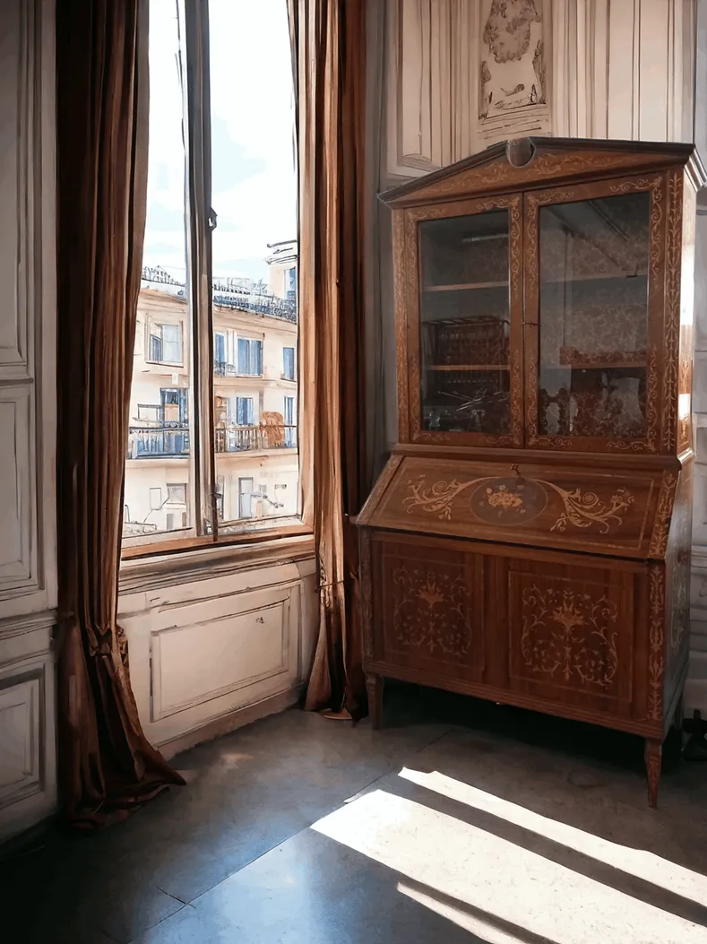Le trumeau vitrine avec bureau à abattant marqueté dans le style de Charles X est un meuble d'exception qui allie élégance et fonctionnalité. Fabriqué en bois précieux, il est orné de marqueteries raffinées qui mettent en valeur l'artisanat de l'époque néoclassique. Cette pièce est typique du style Charles X, caractérisé par des lignes douces, une symétrie et un goût aristocratique. Caractéristiques principales : Structure et matériaux : Construit avec du bois de haute qualité comme le cerisier ou l'acajou, avec une finition brillante qui met en valeur les veines naturelles du bois. Marqueteries élaborées : Décorations de motifs floraux, arabesques ou scènes classiques, réalisées avec des essences de bois différentes et des matériaux précieux. Fonctionnalité : Le bureau à abattant s'ouvre pour révéler un bureau avec des compartiments et des tiroirs internes, idéals pour ranger des documents et des objets personnels. Vitrine supérieure : Sections avec portes vitrées permettant d'exposer des porcelaines, des livres ou d'autres objets précieux. Ce trumeau est le choix parfait pour des espaces élégants, tels que des salons ou des bureaux, ajoutant une touche de classe et d'histoire.