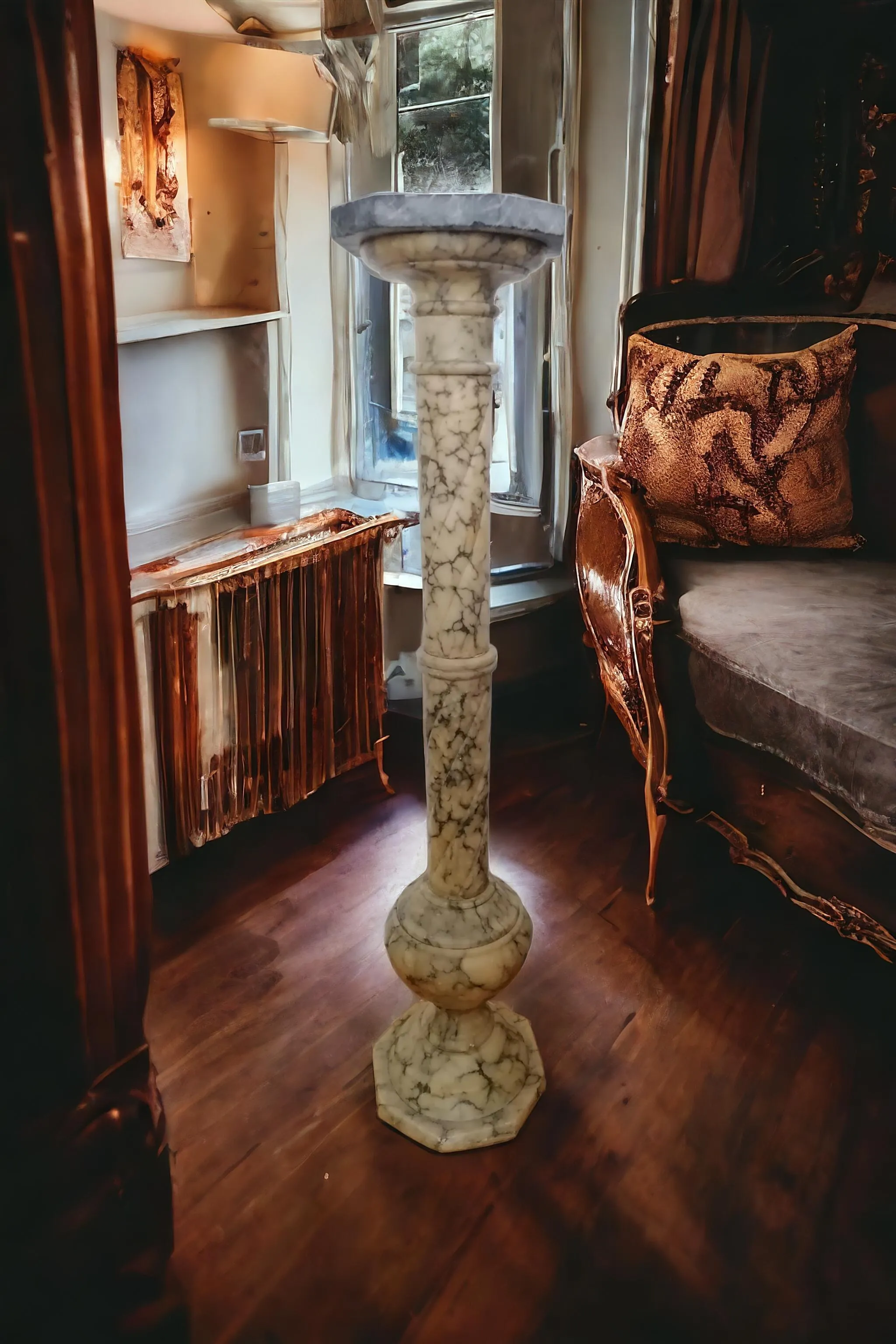 Diese antike achteckige Säule besteht aus hochwertigem weißen Carrara-Marmor, bekannt für seine Eleganz und Widerstandsfähigkeit. Die grauen Adern, die die Oberfläche durchziehen, verleihen dem Material eine Tiefe und einen Reiz, der seine natürliche Schönheit betont. Die achteckige und gedrechselte Form zeugt von handwerklicher Präzision, die typisch für klassische Werke ist, und eignet sich perfekt für Räume, die ein dekoratives Element von hohem Prestige erfordern. Hauptmerkmale: Material: Weißer Carrara-Marmor, bekannt für seine Reinheit und feinen grauen Adern. Design: Achteckige Form mit gedrechselten Details, die die Raffinesse unterstreichen. Nutzung: Ideal für elegante Innenräume wie Salons, Atrien oder Ausstellungsräume, wo sie als Basis für Statuen, Büsten oder Vasen dienen kann. Diese Säule verkörpert das perfekte Gleichgewicht zwischen Kunst und Architektur und verleiht jedem Raum einen Hauch von Klassik und Luxus.