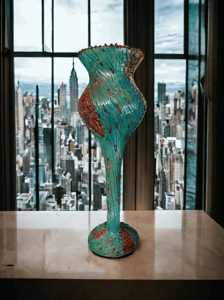 Le vase de Murano extrêmement rare avec technique peinte ondulée représente un exemple extraordinaire de l'art verrier de Murano, une démonstration du savoir-faire des verriers de Murano qui continuent à étonner avec leurs techniques uniques et innovantes. Ce vase se distingue par sa surface ondulée, un effet visuel et tactile qui donne au verre une texture dynamique, presque comme s'il était en mouvement. La technique peinte, avec des détails colorés à la main, enrichit davantage le design, ajoutant profondeur et vivacité à la pièce. Caractéristiques principales : Technique ondulée : La surface du vase est ornée d'un effet ondulé, créé grâce à une compétence artisanale unique. Cette technique donne au vase une structure irrégulière, qui capte la lumière de manière extraordinaire, donnant l'impression que le verre est en mouvement constant. Décoration peinte : Les décorations peintes à la main sur cette surface ondulée s'inspirent des techniques traditionnelles et modernes de Murano, où des couleurs vibrantes sont appliquées avec maîtrise pour créer des motifs allant de l'abstrait au figuratif. Rareté : Le vase est considéré comme rare, non seulement pour sa beauté, mais aussi pour la combinaison de la technique ondulée et de la peinture. Cette fusion de méthodes traditionnelles et innovantes rend l'objet particulièrement précieux pour les collectionneurs et les passionnés d'art. Pourquoi le choisir : Ce vase en verre de Murano est un choix parfait pour ceux qui recherchent une pièce distinctive, capable de devenir le point focal de n'importe quel environnement. La combinaison de la technique ondulée et des décorations peintes en fait non seulement un complément d'ameublement, mais aussi une œuvre d'art qui raconte l'histoire et l'évolution du verre de Murano. Idéal pour les collectionneurs ou ceux qui souhaitent posséder un objet portant une part de la tradition artisanale vénitienne, alliant beauté et unicité dans un seul vase fascinant.